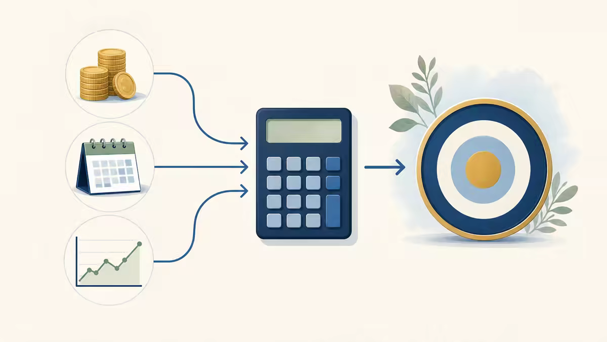 A calculator connects savings, a calendar, and a growth chart to a retirement target.