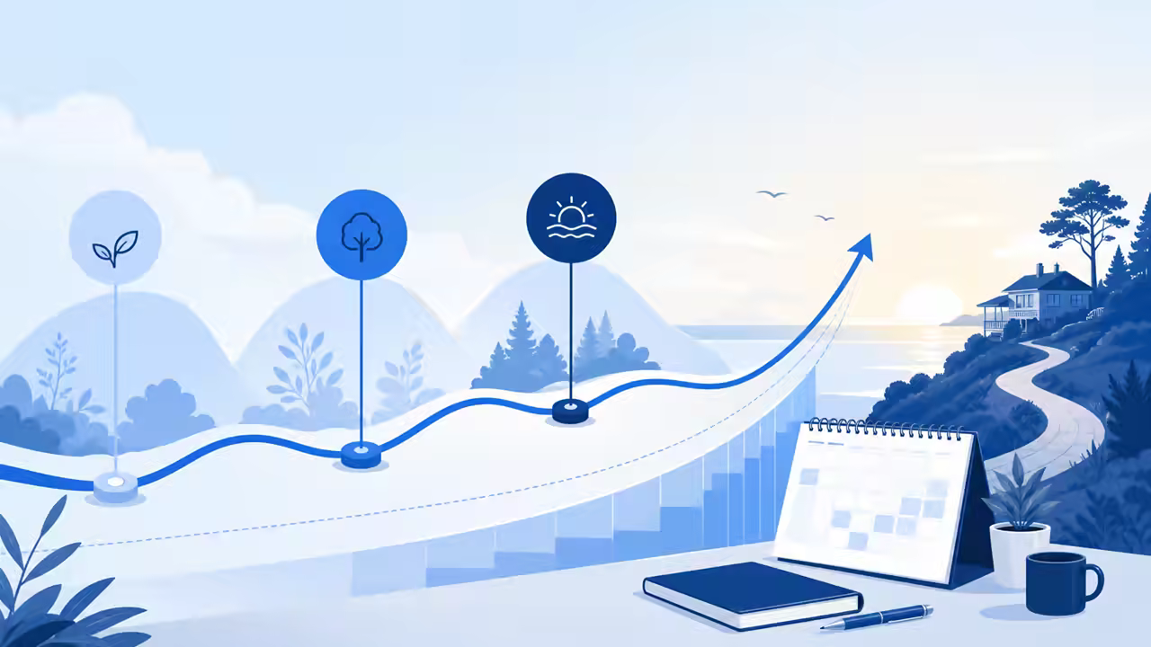 An illustrated retirement planning timeline connecting different ages to future savings milestones.