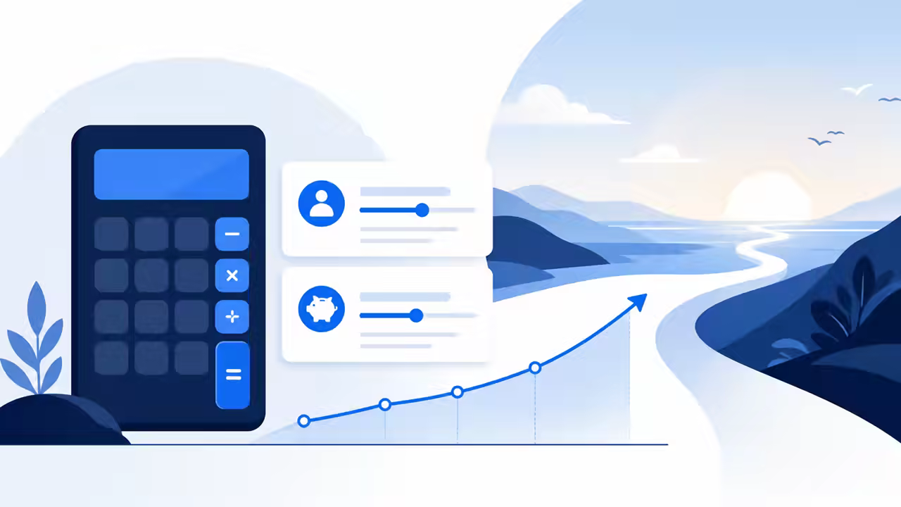 An illustrated Coast FIRE calculator with savings, age, and growth inputs leading to a retirement target.