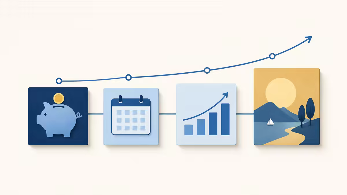 A savings, calendar, growth chart, and future horizon connected by an upward planning line.