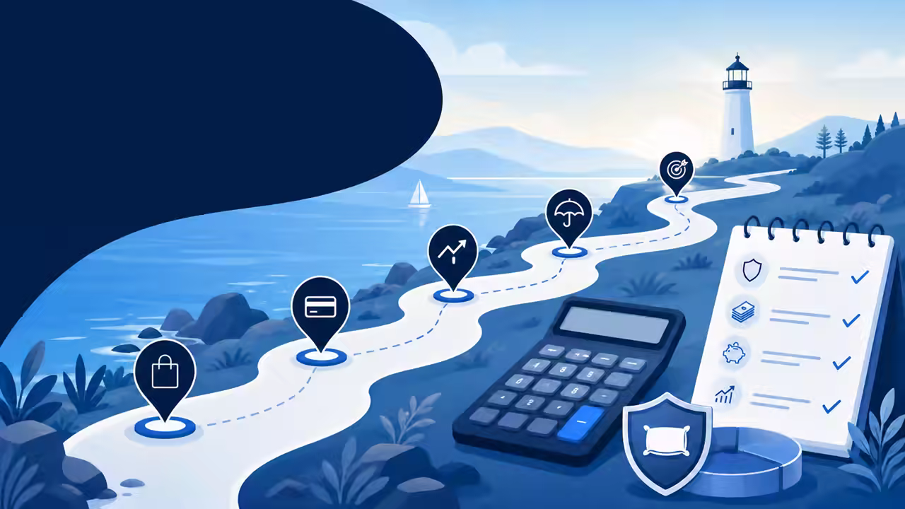 An illustrated retirement plan with warning markers beside a savings path and calculator.