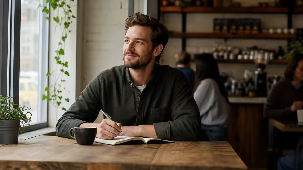 A man taking notes at a neighborhood cafe after a relaxed work shift.