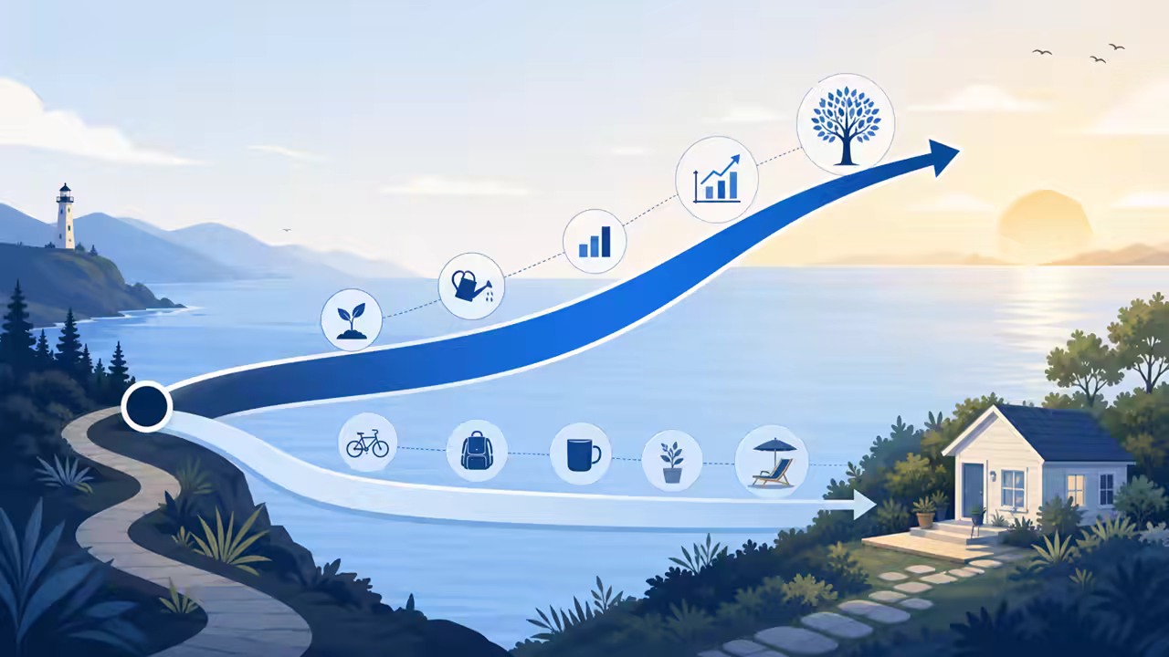 An illustrated split path comparing a future growth milestone with a lean retirement spending plan.