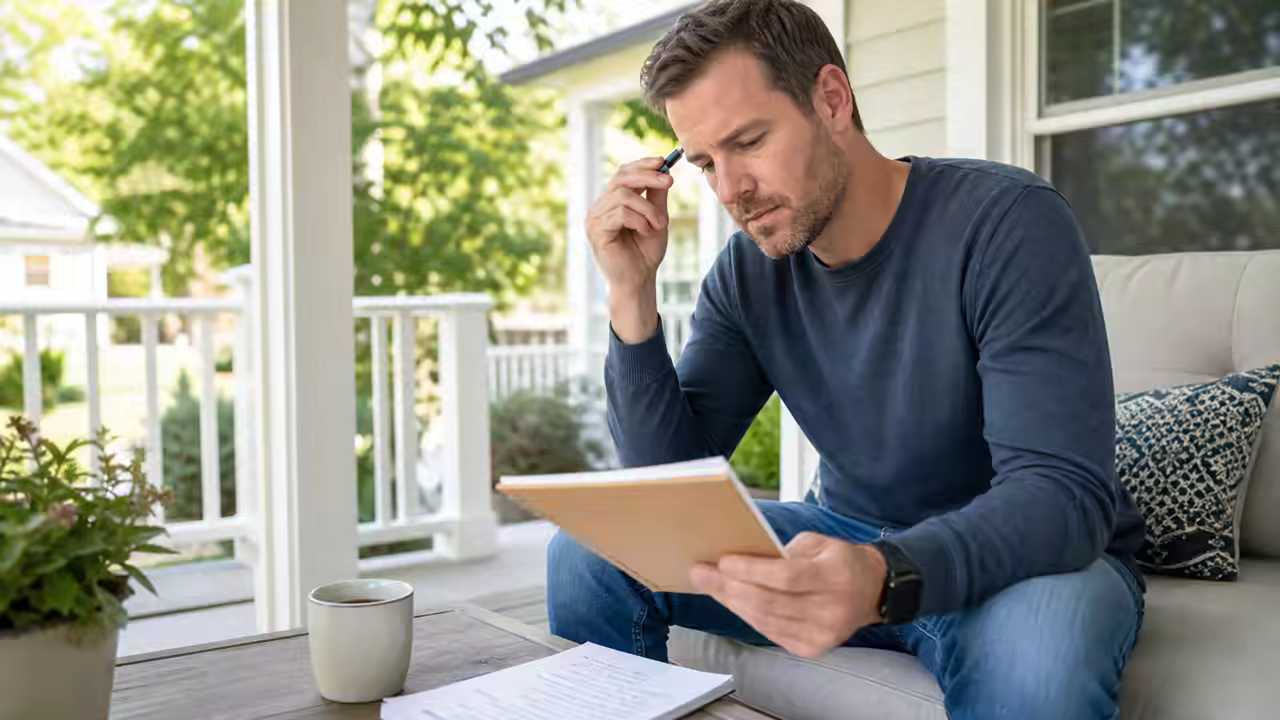 A man reviewing a retirement notebook on a sunny porch beside a cup of coffee.