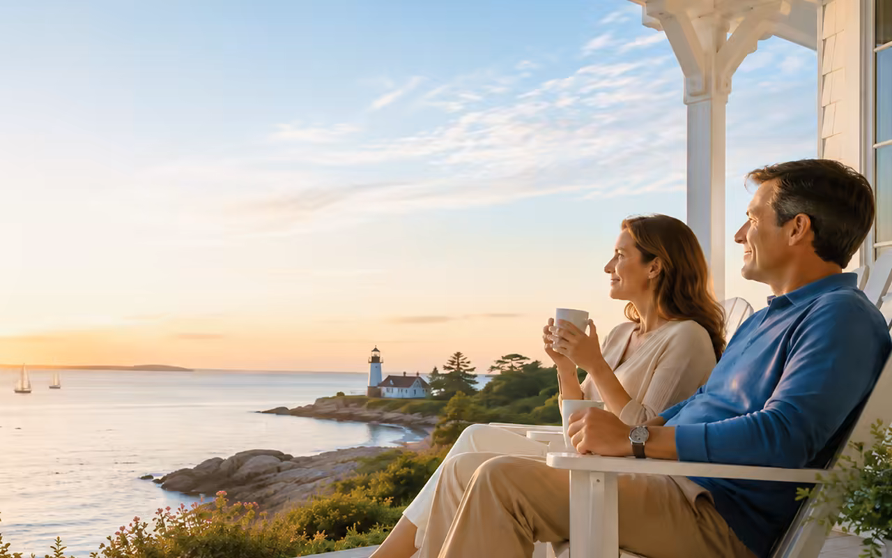 Couple enjoying a coastal sunset from a porch, representing a future retirement lifestyle